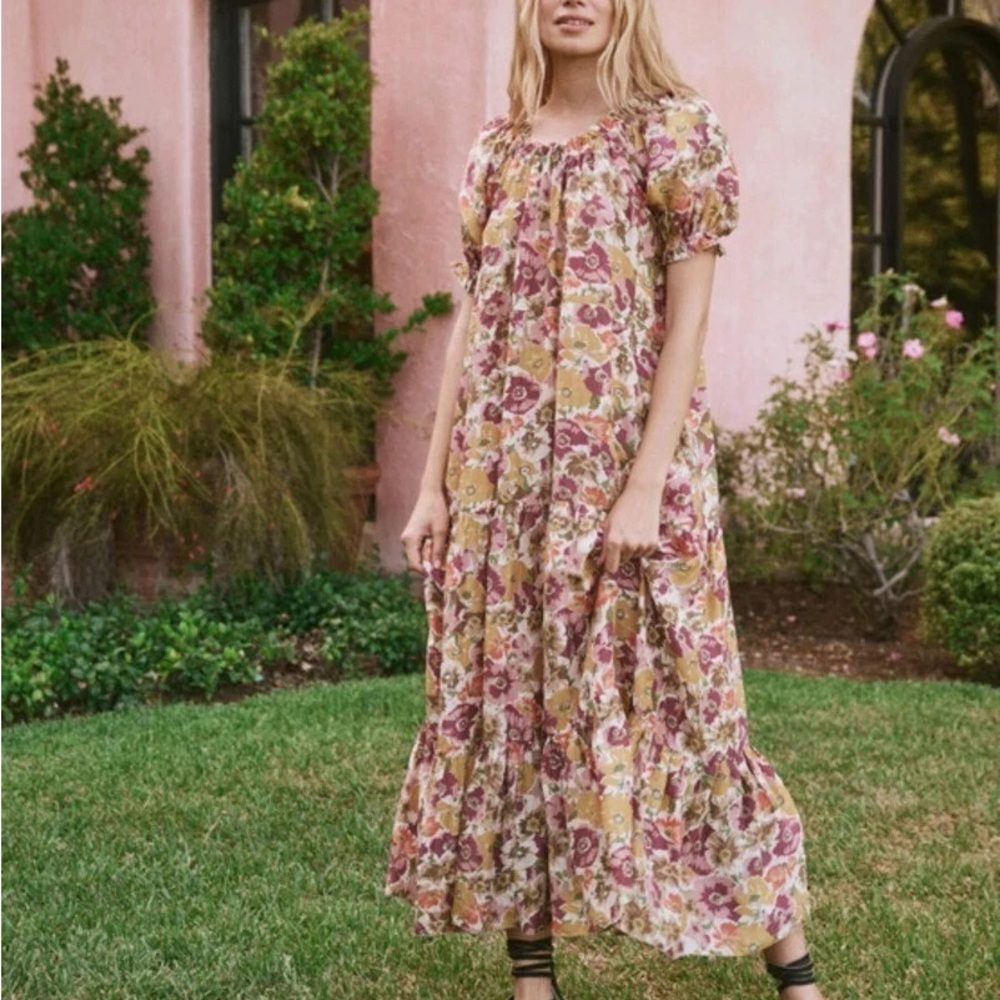 THE GREAT. Floral Patterned Maxi Dress in Pink and Cream